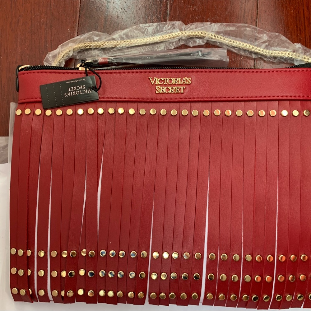 Victoria’s Secret Handbag 10x7 red leather studded fringe vintage NEW!
